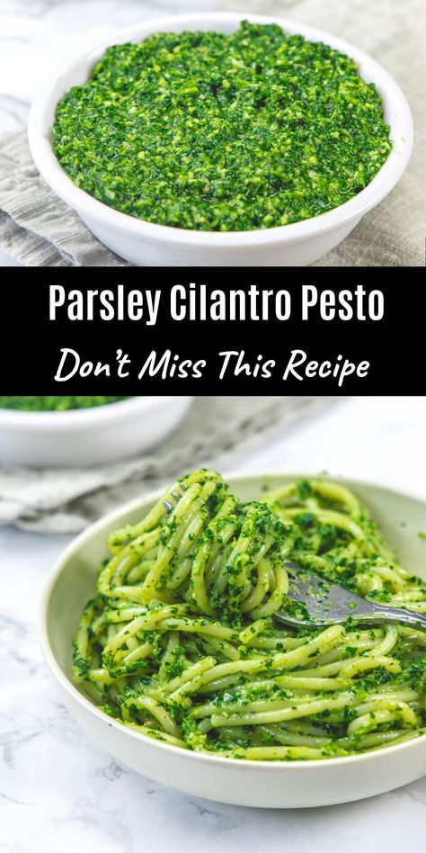 This easy 10 minutes parsley pesto (with cilantro) is packed with lots of flavors and is perfect for a dip, sandwich, or pasta. It’s made with 8 ingredients only.  It’s tasty! It has the perfect amount of acidity, saltiness, creaminess, fresh herby flavor, and hands down the most addicting pesto. Parsley Pesto Recipe, Fresh Parsley Recipes, Veg Pasta Recipes, Souse Recipe, Recipe With Cilantro, Parsley Recipes, Parsley Pesto, Cilantro Recipes, Cilantro Pesto