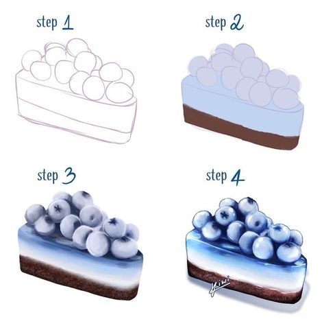 How To Draw Cake Digital, Digital Cake Drawing, Cake Drawing Reference, How To Draw Food Step By Step, Food Drawing Reference, Cake Watercolor, Watercolor Food Illustration, Desserts Drawing, Food Art Painting