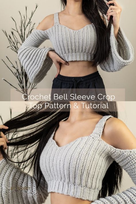 Long Sleeve Crochet Top Pattern, Long Sleeve Crop Top Crochet, Bell Sleeve Crochet Top, Crocheted Shirt, Crochet Bell Sleeve Top, Crochet Crop Top Pattern Free, Modern Haken, Crochet Shirts, Crochet Shorts Pattern