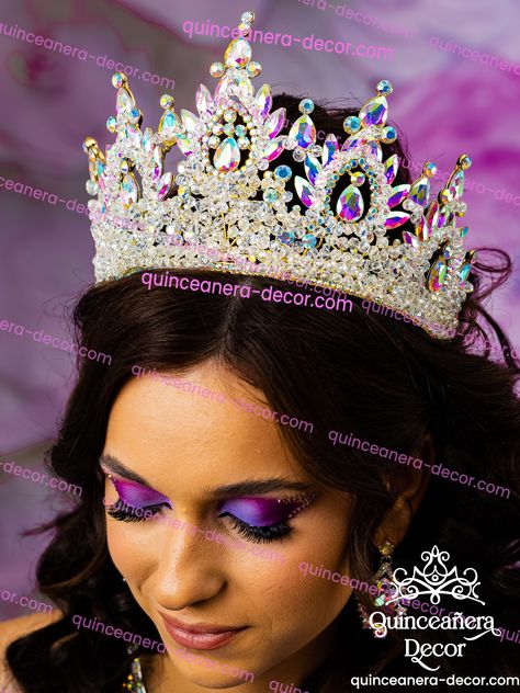 Shining Iridescent quinceañera Crown worn by a young woman during her Quinceañera celebration. Adorned with sparkling rainbow, tornasol jewels, the crown symbolizes the princess-like status of the celebrant on her special day. QUinceanera crown with AB jewels. It serves as a cherished accessory, highlighting the significance and elegance of the occasion. *Tiaras/Crowns cannot be engraved Color of Crown: IridescentIncludes: Crown only All the items are hand-made.Can be personalized with name and Money Card Box, Quinceanera Crown, Bear Candle, Tiaras And Crowns, Candle Set, Young Woman, Quinceanera, The Crown, Guest Book