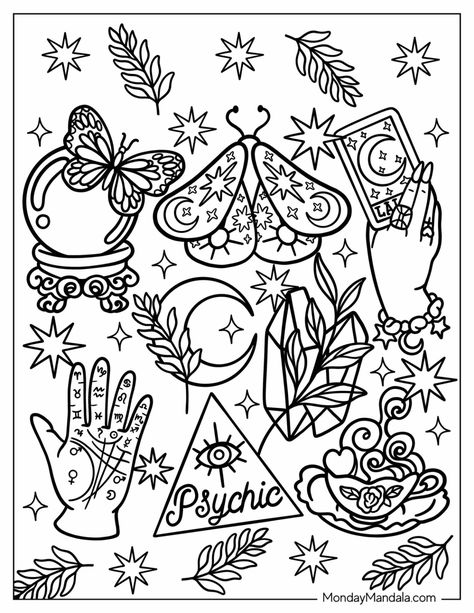 Doodle Coloring Pages For Adults, Free Colouring Printables For Adults, Digital Coloring Pages Procreate Free, Cosmic Coloring Pages, Whimsigoth Coloring Page, Goth Colouring Pages, Coloring Stickers Printables, Spooky Coloring Pages Free Printable, Quotes Coloring Pages For Adults