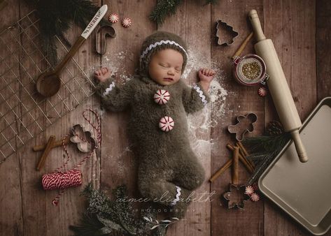 Gingerbread Outfit, Newborn Christmas Photos, Gingerbread Baby, Christmas Newborn, Baby Christmas Photos, Winter Newborn, Newborn Digital Backdrop, Christmas Romper, Christmas Props