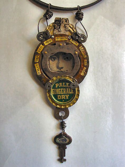 "What Do You See?" | Necklace featured in March 2008 'Belle … | Flickr Wire Choker, Altered Art Jewelry, Found Object Jewelry, Beer Cap, Bottle Cap Art, Junk Jewelry, Bottle Cap Crafts, Mixed Media Jewelry, Found Object Art