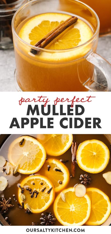 Sweet, spiced, and oh-so-cozy warm, Mulled Apple Cider is the perfect fall beverage. Want it fuzzy too? We've got options for a spiked version with bourbon, rum, or brandy. Made in the crockpot or on the stovetop, hot mulled cider is an easy drink for a crowd for Thanksgiving, Halloween, and other fall gatherings. Check the post for both alcoholic and non-alcoholic versions, options for garnishes, and our tips for serving. #fall #applecider #falldrinks #thanksgiving #mulledcider #crockpot Mulled Spiked Apple Cider, Mulled Cider Alcoholic, Apple Cider From Scratch, Hot Mulled Apple Cider, Mulled Apple Cider Recipe, Hot Mulled Cider, Cider Alcohol, Crockpot Drinks, Mulled Cider Recipe