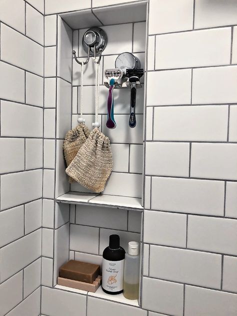 Farmhouse Shower Niche, Shower Niche Organization, Tile Shower With Curtain, 32 Inch Shower Ideas, Alcove Shower Remodel, Off Center Shower Niche, Corner Shower Niche Ideas, Shower Niche Subway Tile, Shower Niches Ideas Built Ins