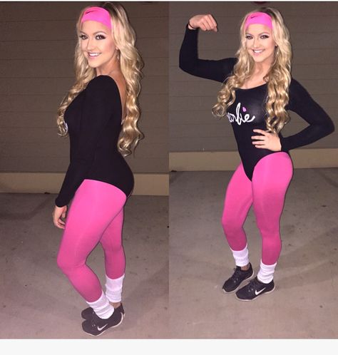 Work out Barbie for halloween! #halloween #costume #barbie #workout #barbieworkout Gym Barbie Costume, Dance Barbie Costume, Knocked Up Barbie Costume, Womens Barbie Costume, Barbie Workout Outfit, Diy Barbie Costume For Women, 80s Workout Barbie Costume, Fitness Barbie Costume, Barbie Fitness Costume