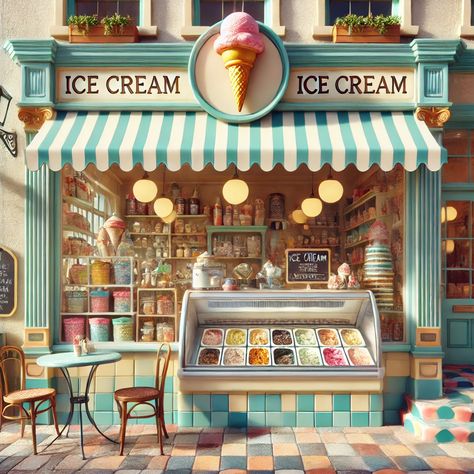 Ice Cream Store Exterior, Nostalgic Ice Cream Shop, Old Ice Cream Shop, Ice Cream Shop Exterior, Gelato Shop Design, Ice Cream Store Aesthetic, Ice Cream Parlor Interior, Ice Cream Parlor Aesthetic, Ice Cream Kiosk Design