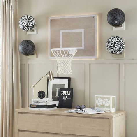 Decor All New Arrivals | Pottery Barn Teen Toys As Decor, Basketball Hoop Room Decor, Modern Sports Room, Boys Bedroom Ideas Basketball Theme, Basketball Theme Room Bedroom Ideas, Boys Sports Rooms, Little Boy Sports Bedroom, Basketball Themed Nursery, Teen Basketball Room