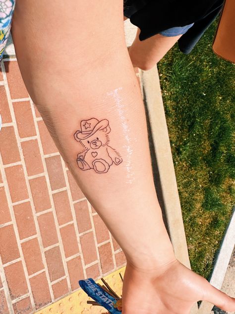 Cowboy Teddy Bear Tattoo, Teddy Bear Traditional Tattoo, Matching Teddy Bear Tattoos, Two Headed Teddy Bear Tattoo, Bear Fine Line Tattoo, Teddy Bear Outline Tattoo, Fineline Bear Tattoo, Teddy Bear Tattoo Small Simple, Cute Bear Tattoo