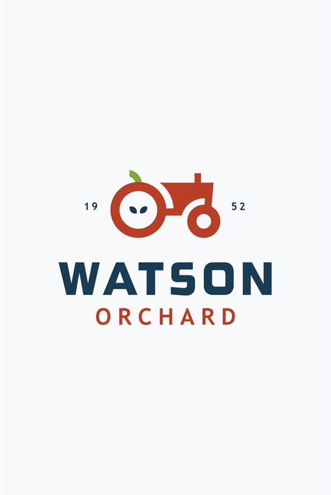 Apple and tractor logo for fruit orchard. Red and blue branding. Minimal logo inspiration. Farm, rural logo. Orchard Logo Design, Minimal Logo Inspiration, Orchard Logo, Fruit Logo Design Ideas, Farm Branding, Farm Logos, Food Company Logo, Minimal Logos Inspiration, Blue Branding