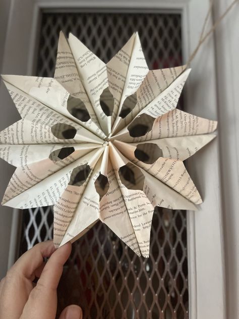 Create Stunning Book Page Snowflakes in Under 5 Minutes · Just That Perfect Piece Book Page Christmas Ornaments, Book Page Snowflakes, Handmade Christmas Gifts Diy, Book Page Garland, Pinterest Christmas Crafts, Snow Decorations, Newspaper Crafts Diy, Craft To Make, How To Make Snowflakes