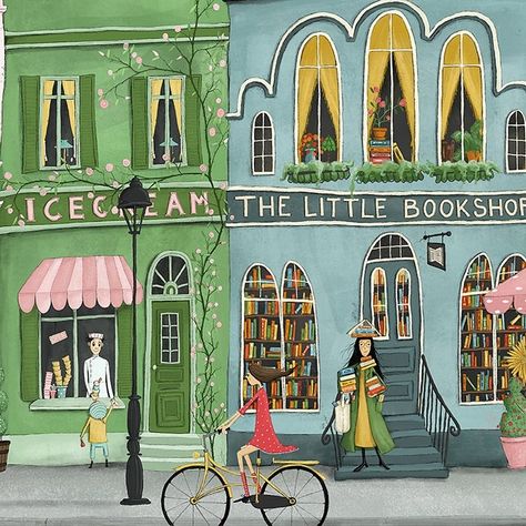 Colorful Storefronts, Painting Aesthetics, Town Illustration, Watercolor People, City Sketch, Building Illustration, I Want To Ride My Bicycle, Book Illustration Art, Cafe Art