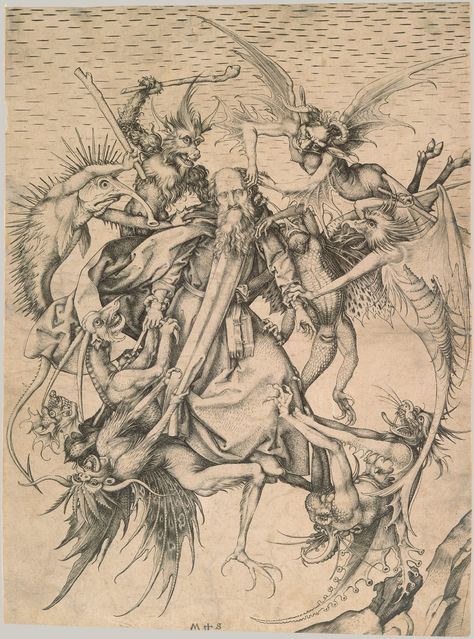 Schongauer.( inspiration for Michelangelo) Saint Anthony Tormented by Demons Martin Schongauer, Types Of Demons, Temptation Of St Anthony, Ange Demon, Saint Anthony, Art Carte, Old Maps, Angels And Demons, Art Institute Of Chicago