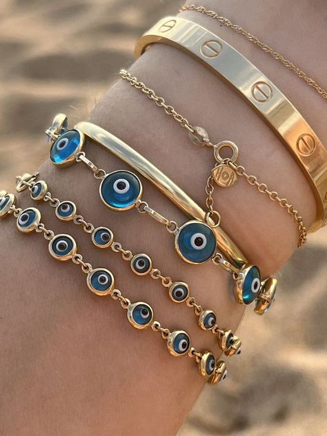 Greece bracelet Blue Eye Bracelet, Dope Jewelry Accessories, Eye Bracelets, Bracelet Evil Eye, Dainty Gold Bracelet, Preppy Jewelry, Hamsa Bracelet, Evil Eyes, Jewelry Accessories Ideas