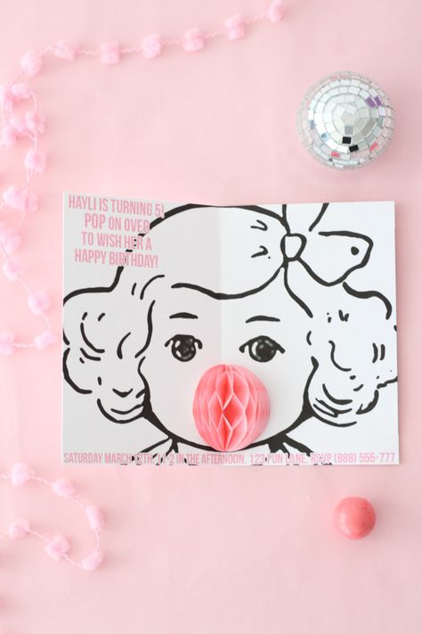 DIY Bubblegum Popup Invitations | A Joyful Riot Bubble Gum Party, Diy Honeycomb, Pop Up Invitation, Bubble Birthday, Bubble Party, Pop Up Cards, Diy For Teens, Paper Cut, Diy Party