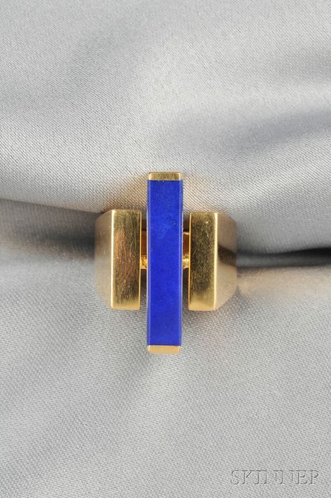 18kt Gold and Lapis Ring, Arne Johansen, Georg Jensen & Wendel, the geometric form set with a lapis tablet, 9.3 dwt, size 6 1/4, signed JA, GJ, Handmade, Denmark. Art Deco Inspired Jewelry, Geometric Jewellery, Bijoux Art Deco, Vintage Modern Jewelry, Bijoux Art Nouveau, Lapis Lazuli Jewelry, Lapis Ring, Modernist Jewelry, Jewelry Sale