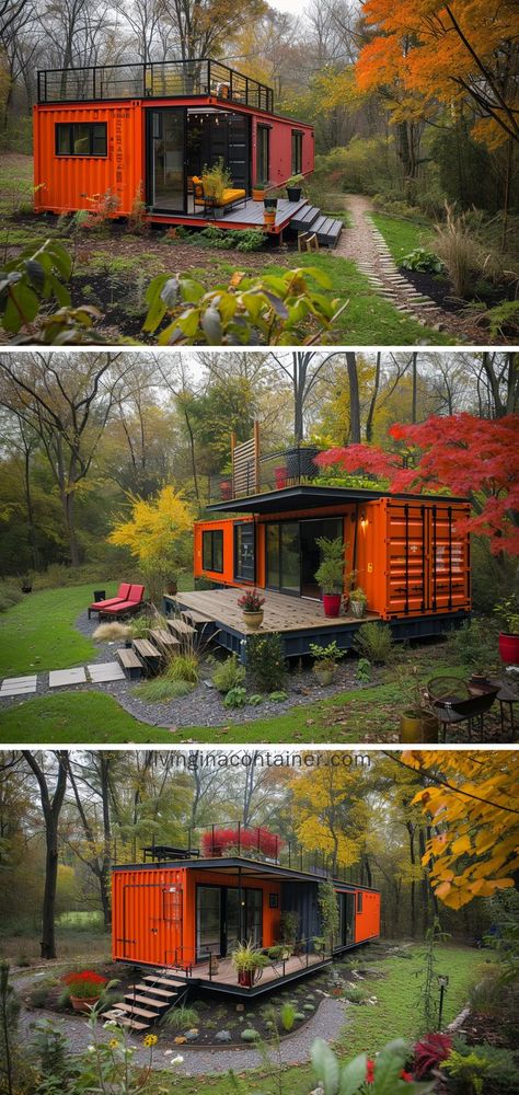 Nestle into the season with this autumn-inspired container home, a perfect blend of rustic charm and modern design.#shippingcontainerhomes #architecture #containerhouse #containerhousedesign #containerhouseideas #containercabin #tinyhousedesign #containerhomes #housedesign #beforeandafterhome Shipping Container Cabin, Tiny House Luxury, Container Cabin, Shipping Container House Plans, Tiny House Inspiration, Building A Container Home, Tiny House Floor Plans, Container House Plans, Casa Container