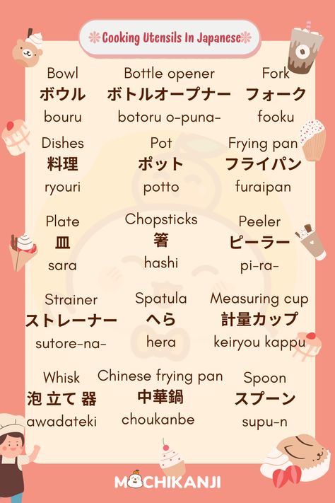 Ever wondered how to name cooking utensils in Japanese? Practice these essential phrases! Learn more Japanese vocabulary here: https://mochidemy.com/support/how-to-say-good-morning-in-japanese/ #JapaneseCookingUtensils #LearnJapanese #LearnKanji #MochiKanji #MochiKana Common Japanese Words, Japanese Slang, Japanese Beginner, Japanese Tips, Learn Kanji, Learn Japanese Beginner, Japanese Alphabet, Learn Basic Japanese, Japanese Practice