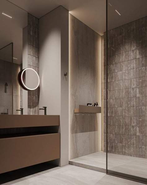 Japandi Contemporary Washroom, Sauna Lights, Glass Closet, Textured Wall Panels, Pendant Lighting Bedroom, Washroom Design, Modern Houses Interior, Unique Bathroom, Grey Decor