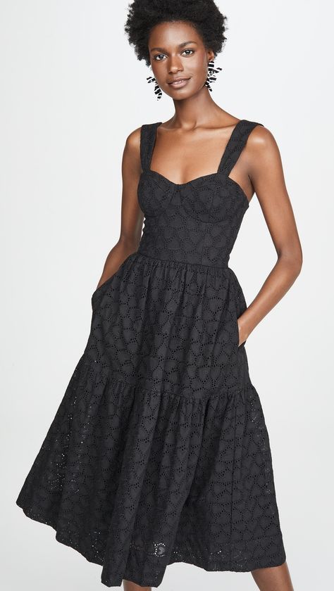 Eyelet Embroidered Dress Black Embroidered Hem Summer Dress, Summer V-neck Midi Dress With Embroidered Hem, Black Embroidered Semi-stitched Gown, Black Embroidered Dress With V-neck, Valentina Dress, Black Embroidered V-neck Dress For Vacation, Rebecca Vallance, Tiered Skirts, Womens Fashion Edgy