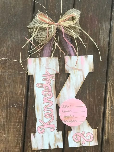 "This style can be made in any letter. They are about 13\" tall plus the length of the bow. Have the name added and if you prefer differ colors that's fine too, just message me the details. hope you enjoy!" Baby Girl Door Hanger, Birth Announcement Door Hanger, Door Hanger Hospital, Nursery Door Hanger, Hospital Door Hanger Girl, Plane Nursery, Door Hanger Baby, Forest Nursery Decor, Hospital Door Hanger