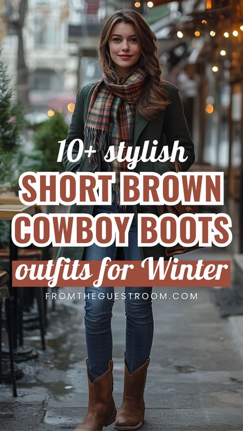 a woman wears short brown cowboy boots for winter, western outfits Outfit Ideas With Cowboy Boots For Women, Cold Weather Cowboy Boots Outfit, Short Brown Boots Outfit, Brown Cowboy Boots Outfit Winter, Cowboy Booties Outfit, Cowgirl Boots Outfit Winter, Cowgirl Boots Outfit Fall, Winter Western Outfits Women, Cowgirl Dresses With Boots