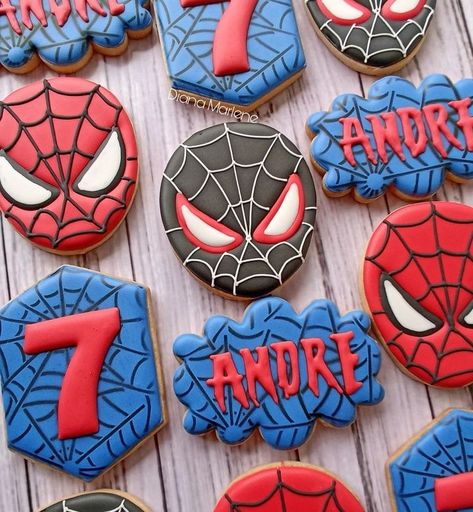 Spiderman Cookies Decorated Birthday, Spiderman Party Desserts, Spidey Birthday Cookies, Spider Man Birthday Cookies, Spiderman Cookies Royal Icing, Spidey And Friends Cookies Decorated, Spiderman Biscuits, Spiderman Cakesicles, Spiderman Birthday Cookies