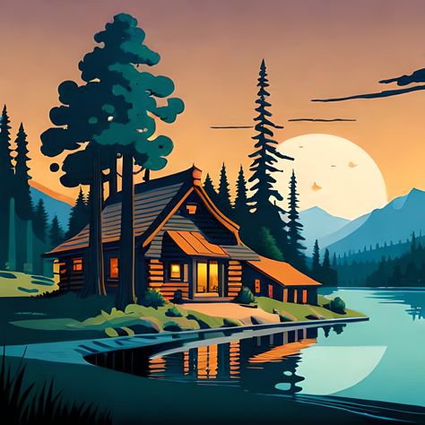 Cabin By The Lake, Maxfield Parrish, Afrique Art, Procreate Ipad Art, Pop Art Illustration, Landscape Art Painting, Affinity Designer, Graphic Design Lessons, By The Lake