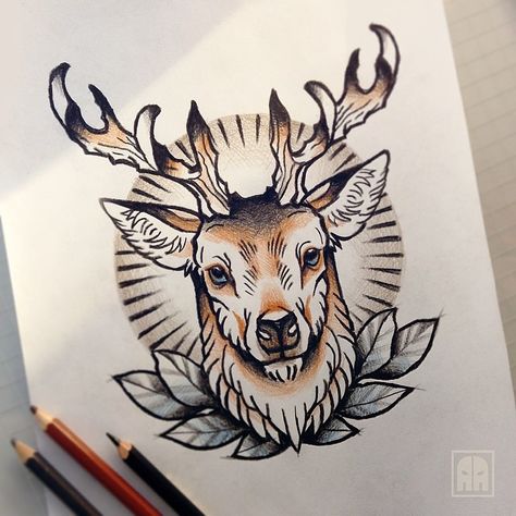 deer Neo Traditional Deer Tattoo, Traditional Deer Tattoo, Tattoo Hummingbird, Deer Head Tattoo, Elk Tattoo, Deer Tattoo Designs, Stag Tattoo, Tier Tattoo, Framed Tattoo