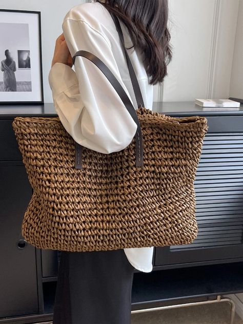 Minimalist Straw Bag Oversized For Beach Vacation Travel | SHEIN USA Timeless Bags, Summer Handbags, Straw Handbags, Woven Tote Bag, Straw Tote, Casual Tote, Crossbody Tote, Woven Bag, Knitted Bags