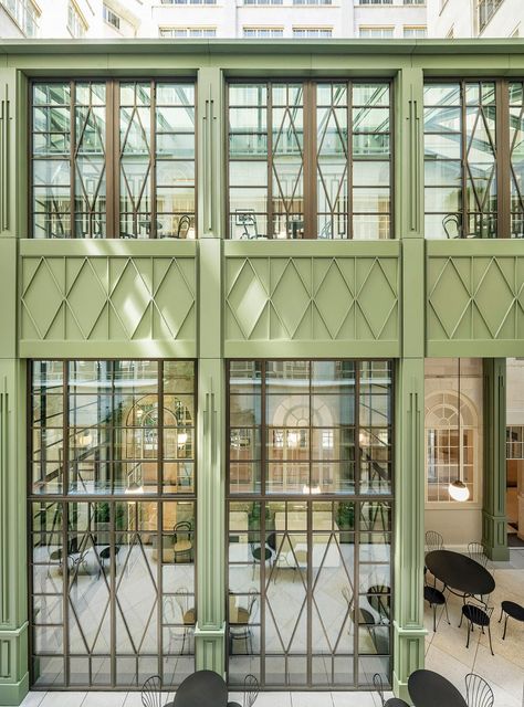 PDP London refurbishes art deco office with jewel-like extensions Cafe Pavilion, Facade Exterior Design, Highland Coffee, Art Deco Office, Art Deco Exterior, Glass Building, Facade Lighting, Glass Facades, Building Art