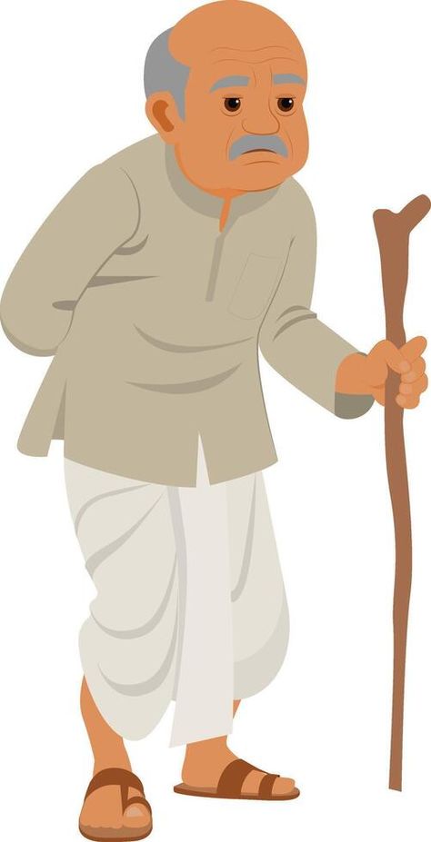 Indian Old man, Grandfather is holding a walking stick in hand Old Man Cartoon Character Design, Grandfather Drawing, 2d Character Illustration, Old Man Illustration, Old Man Drawing, 2d Cartoon Character, 2d Character Design, Pyro Archon, Inception Movie