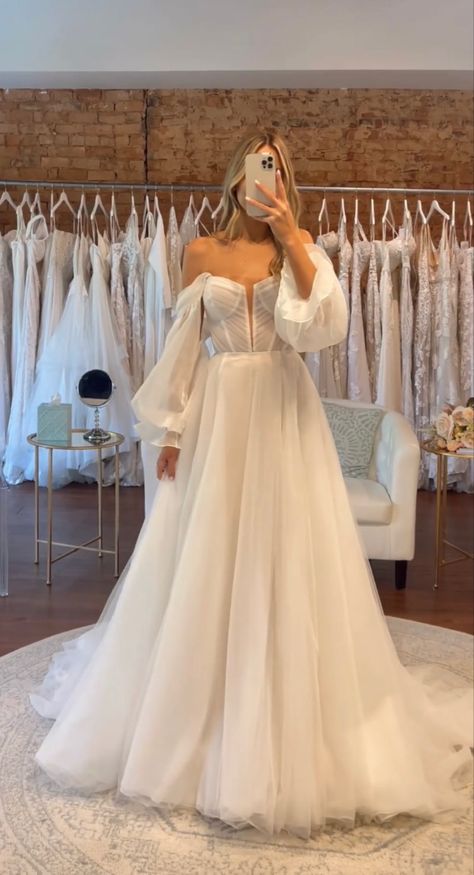 Winter Wedding Dress Tulle, Moody Wedding Dress White, Long Poofy Sleeve Wedding Dress, Floaty Wedding Dress With Sleeves, Tulle Wedding Dress Sleeves, Long Sleeve Flowy Wedding Dress, Sleeping Beauty Wedding Dress, May Wedding Dress, Western Wedding Dress