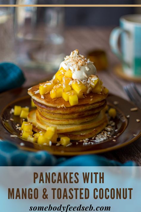 A very special breakfast dish for the best start to a hot summer day! Our Tropical Pancakes with Toasted Coconut and Mango recipe is easy to follow and incredibly delicious! Coconut and mango are a perfect pair that takes you away to your favourite exotic holiday destination! #summerbreakfast #breakfastideas #pancakes Mango Breakfast Recipes, Tropical Pancakes, Mango Pancakes, Tropical Breakfast, Light Summer Dinners, Scotch Pancakes, Mango Recipe, Coconut Recipe, Tofu Breakfast