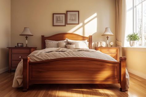 8 Best Paint Colors That Go Well With Cherry Wood Modern Cherry Wood Bedroom, Paint Colors For Cherry Wood Furniture, Cherry Wood Bedroom Decor Ideas, Cherry Wood Bedroom, Wood Bedroom Decor, Cherry Bed, Cherry Bedroom Furniture, Cherry Wood Furniture, Cherry Furniture