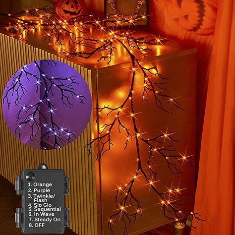 Black Garland, Twigs Decor, Garland With Lights, Purple Led Lights, Led Garland, Halloween Mantle, Spooky Home Decor, Lighted Branches, Halloween Garland