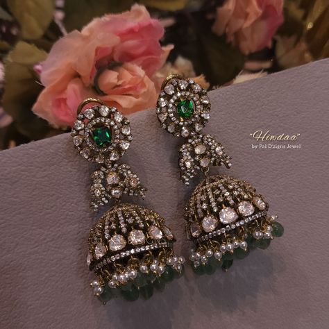 Hiwdaa jhumki - moissanite polki jhumki Moissanite Jewelry Indian, Victorian Jewelry Earrings, Victorian Jhumkas, Victorian Polki Jewellery, Victorian Jewelry Indian, Victorian Sets, Vintage Earrings Victorian, Victorian Jewelry Necklace, Victorian Jewellery