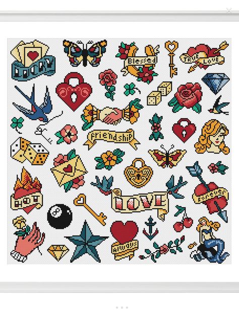 Cross Stitch Patch Patterns, American Traditional Cross Stitch, Tattoo Cross Stitch Pattern, Tattoo Style Cross Stitch Pattern, Traditional Tattoo Cross, 80s Cross Stitch, Woodstock Cross Stitch Pattern, 70s Cross Stitch, 80s Cross Stitch Patterns