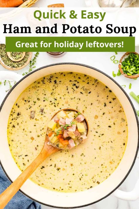 This hearty and filling Ham and Potato Soup Recipe is just what you need for busy weeknights or lazy weekend dinners. Packed with tender potatoes, savory ham, and a rich, flavorful broth, it’s perfect when you’re craving something cozy and warm without being too heavy! Plus, it’s a tasty way to use up those holiday leftovers. Ham And Potato Soup With Heavy Cream, Ham Soup Recipes Crockpot, Ham And Potato Soup Stove Top, Leftover Ham Recipe, Soup With Leftover Ham, Potato And Ham Soup, Ham Bone Soup Recipes, Ham Soup Recipes, Soup Recipe Easy