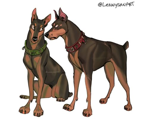 Wolf Character Design Male, Two Dogs Drawing, Doberman Illustration, Dog Oc, Dog Reference, Anime Wolf Drawing, Dog Design Art, Colorful Hairstyles, Dog Animation