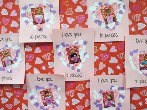 Valentine card for parents pre-k craft.  Have kids make swirls on paper with the whole shaving cream and food coloring thing.  Then take a picture of them in front of Valentine wrapping paper. Have them cut pieces and glue them around the heart. Kindergarten Valentine Crafts, Preschool Valentine Cards, Preschool Valentine Crafts, Valentine Card Crafts, Kindergarten Valentines, Easy Valentine Crafts, K Crafts, Valentine Gifts For Kids, Preschool Valentines