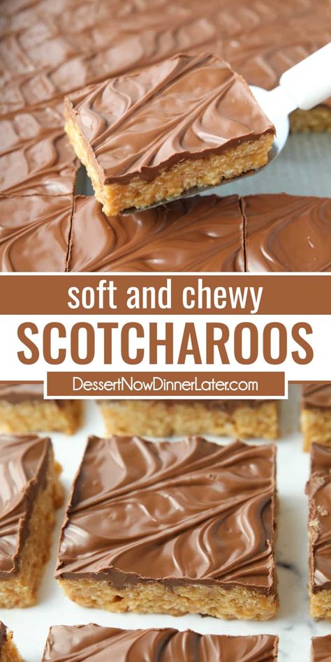 Scotcharoos are super soft peanut butter rice krispie treats covered with melted chocolate and butterscotch chips. An easy, old fashioned, no bake treat. Scotcheroos With Marshmallows, Homemade Skor Bars, Bars With Butterscotch Chips, Toffee Rice Krispie Treats, Desserts With Butterscotch Chips, Sheet Pan Scotcharoos, Scor Bar Squares, Things To Make With Butterscotch Chips, Scotcharoos Recipe With Corn Flakes