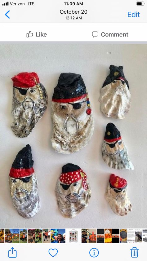 Pirate Oyster Shell, Pirate Ornaments Diy, Santa Shells, Driftwood Santas, Painted Oyster Shells, Oyster Painting, Shell Projects, Oyster Necklace, Painted Seashells