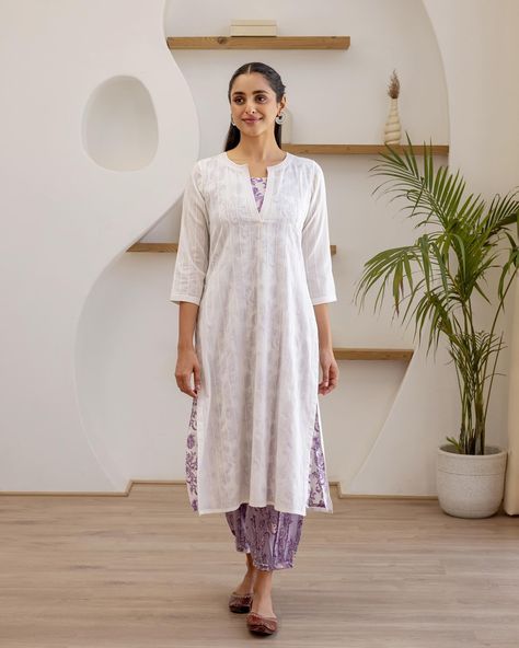 Layered Kurta Designs Women, Cottons Jaipur, Cotton Lavender, Women Trousers Design, Women Trousers, White Kurta, Printed Trousers, Shop The Look, Summer Staples