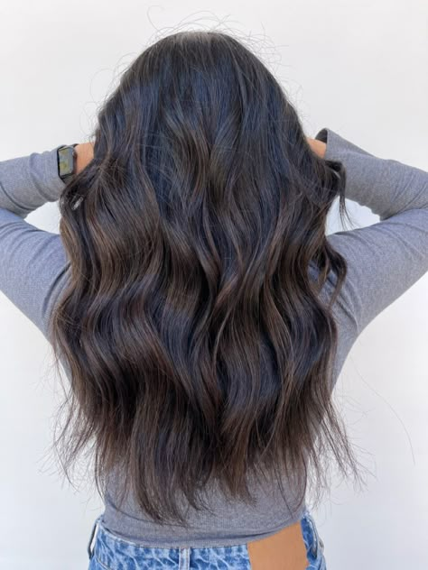 Muted Brown Balayage On Black Hair, Brown Hair With Dark Highlights Black, Brown Almost Black Hair Color, Dark Brown Hair Balayage On Black Hair, Rich Dark Brown Balayage, Black Color Haircuts, Dark Brown Black Balayage, Balayage Black To Brown, Dark Brunette Hair Balayage