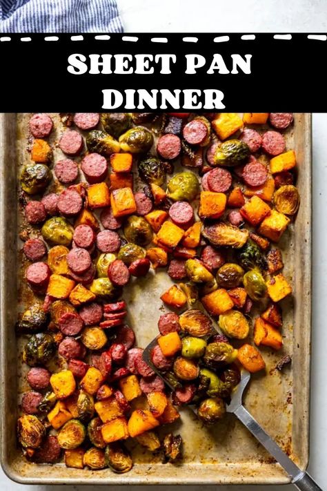 This Sheet Pan Dinner with Sausage, Butternut Squash, and Brussels Sprouts is a fuss free, flavor packed dinner that practically cooks itself. With minimal prep and maximum flavor, it’s the perfect meal for those busy weeknights when you need a home-cooked dinner without the effort. Butternut Squash Sausage, Easy Fall Dinner Recipes, Baked Butternut Squash, Fall Dinner Recipes, How To Cook Sausage, Roasted Brussel Sprouts, Sheet Pan Dinners, Roasted Butternut Squash, Quick Dinner Recipes