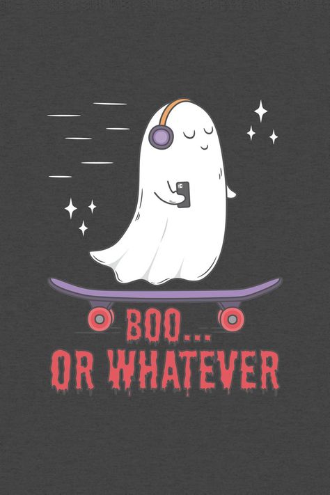 A funny design featuring a text that reads “Boo or Whatever” with a cute ghost listening to music while skateboarding. #halloween  #skateboarding #skate Ghost Listening To Music Tattoo, Skateboard Ghost Tattoo, Ghost With Skateboard Tattoo, Ghost With Headphones, Ghost Listening To Music, Ghost Music, Ghost Riding A Skateboard, Halloween Skateboard, Ghost Skateboarding