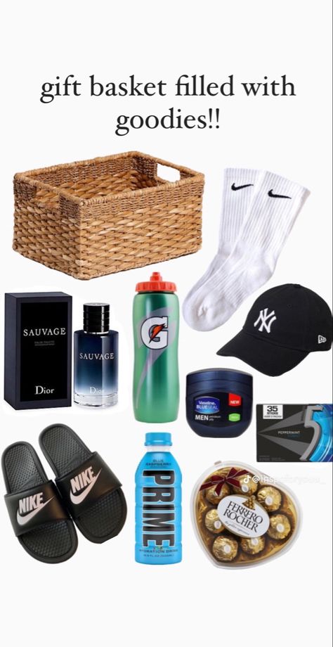 Cute Baskets To Make Your Boyfriend, Gift Baskets For Boyfriend Birthday, Sports Basket For Boyfriend, Dodgers Gift Basket Ideas, Gym Bf Gift Basket, Soccer Bf Gift Ideas, 1 Year Anniversary Gift Basket Ideas For Him, Boy Birthday Present Ideas, Nike Gift Basket Ideas For Him