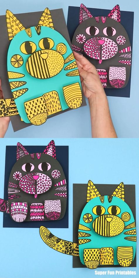 Fun, colourful 3D doodle art cat project for kids. Use the printable template to create eye-catching cat wall art with an element of 3D 'pop'. This is a fantastic way to explore patterning and the paper crafting is great for fine motor skills.  Variation suggestions included to simplify this project for younger kids.  #CatArt #PaperCutouts #3DDoodle #CreativeDesign #PlayfulCats Pop Art Printable, Classroom Projects For Kids, No Sew Projects For Kids, Easy 3d Art Projects, Coloured Paper Craft, Pop Art For Kids Projects, Cute Art Projects For Kids, Easy Kids Crafts Paper, 1st And 2nd Grade Art Projects