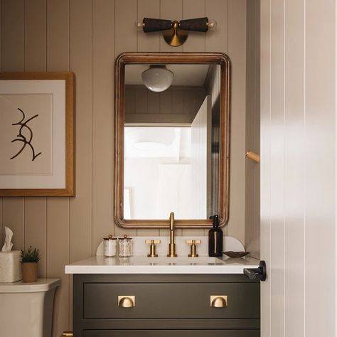 Frances Mirror Board And Batten Half Bathroom, Moody Bathroom Design, Guest Bathroom Vanity, Moody Powder Bath, Lake Cottage Interiors, Amber Interiors Bathroom, Attic Bathroom Ideas, Modern English Country, New House Bathroom